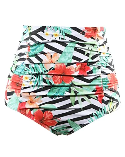 Vintage Ruched Bikini Bottoms for Women Tummy Control Swim Shorts Tankini Briefs