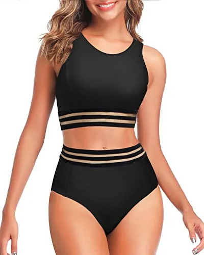 Women's 2 Piece Sporty Racerback Bikini Top Tummy Control Bikini Bottom