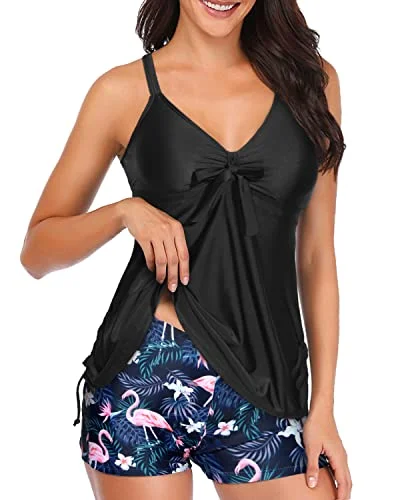 Two Piece Tankini Swimwear With Shorts Slimming Tummy Control For Women-Black Flamingo