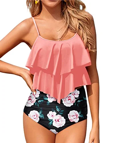 Two Piece Cute Tiered Ruffle Tankini Swimsuits For Women-Coral Pink Floral