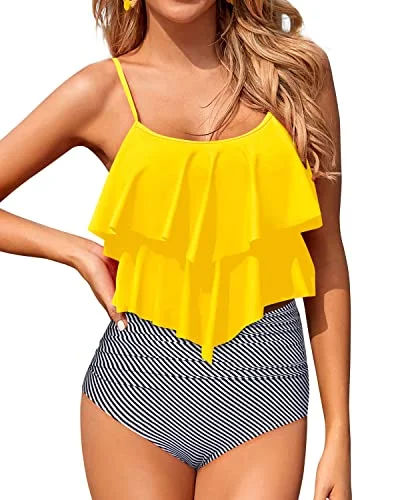 Retro Tankini Swimsuits For Women Ruffle Tops And High Waisted Bottoms-Yellow Stripe