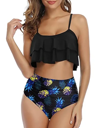 Tropical-Inspired Ruffle Bikini High Waisted Bottoms-Black Pineapple