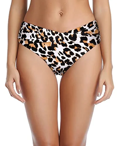 V Cut Swimsuit Bottom Ruched Design Full Coverage Bikini Bottoms-Leopard