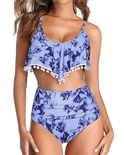 High Waisted Ruffle Trim Two Piece Bikini Swimsuit-Blue Tie Dye