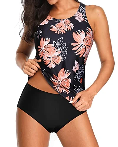 High Neck Tankini Top Tankini 2 Piece Swimsuits-Black Orange Floral