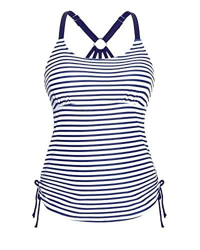 U Neck Tankini Top With Adjustable Strappy Racerback Tank Tops Women-Blue And White Stripes