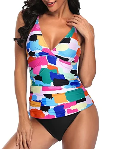 Ruched Panel Sexy Tankini Sets With V Neck Bathing Suits-Aqua