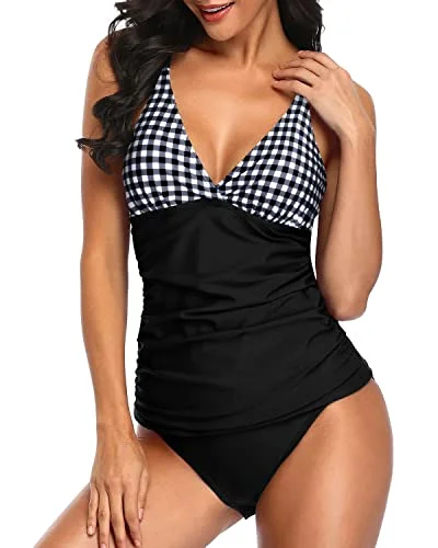 Ruched Panel V Neck Tankini Top Bathing Suits With Swim Bottom-Black Plaid