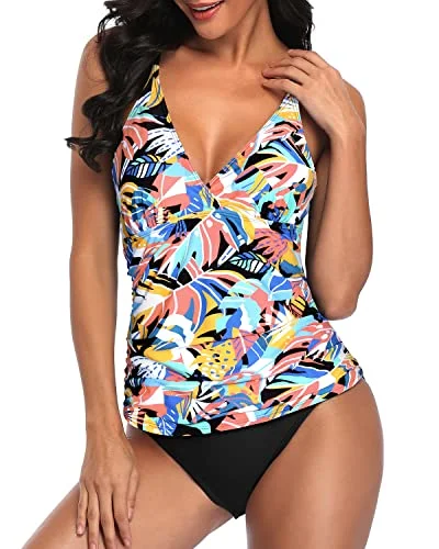 Ruched Panel Adjustable Shoulder Tankini Top Bathing Suits-Colorful Leaves