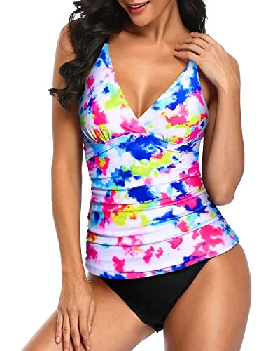 Ruched Panel Tummy Control Two Piece Tankini Set Swimsuits For Women-Tie Dye