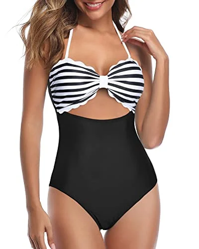 Women's High Waist Ruched Tummy Control Swim Bottoms-Black And White Stripe