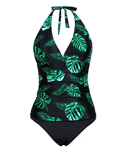 Sexy Adjustable Self Tie Shoulder Straps Two Piece Tankini Swimsuits For Girls-Black And Green Leaf