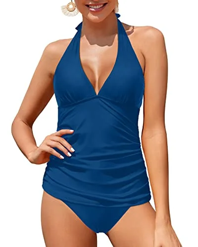 Two Piece Tankini Bathing Suit For Women With Tummy Control-Blue