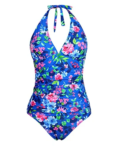 Two Piece Tankini Bathing Suits For Women With Plump Breasts-Royal Blue Flowers