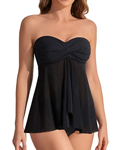 Women's Flyaway Halter Bandeau Tankini Mid Rise Bottoms-Black