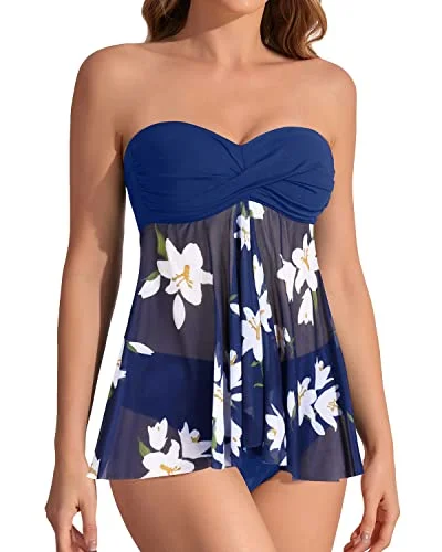 Women's Halter Bandeau Flyaway Tankini Set Mid Rise Bikini Bottoms-Blue White