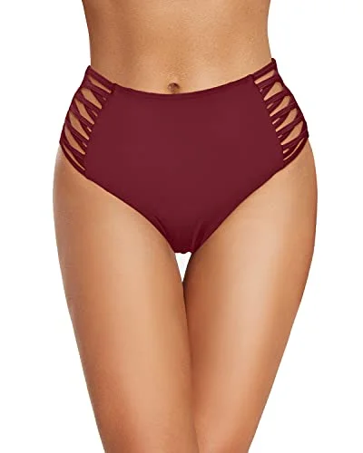 Strappy Lace Up High Waisted Bikini Bottom Swimwear-Maroon