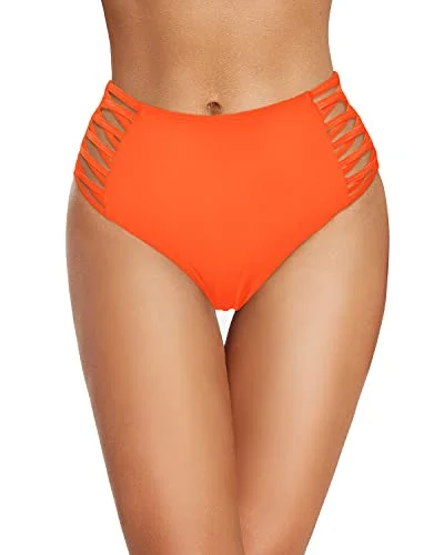 Strappy High Waisted Bikini Bottom For Beach Or Swimming Pool Party-Neon Orange