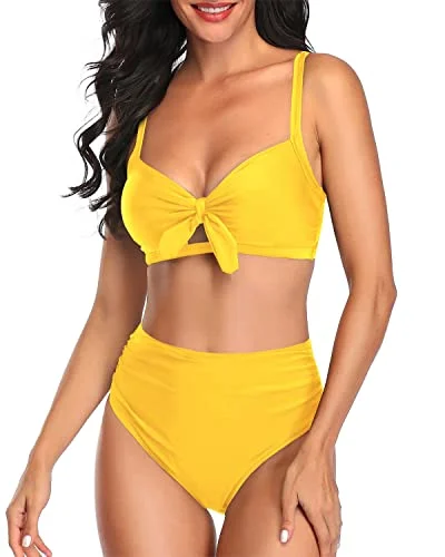 Halter Neck Two Piece Swimsuit Tummy Control Ruched Bikini-Neon Yellow