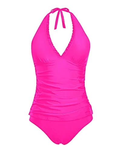 Ruffle V Neck Tankini Top With Tummy Control Swimsuit For Women-Neon Pink