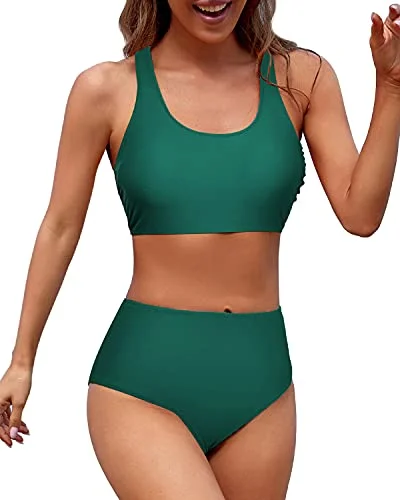 Two Piece High Waisted Bikini Sports Crop Top Swimsuit For Teen Girls-Emerald Green