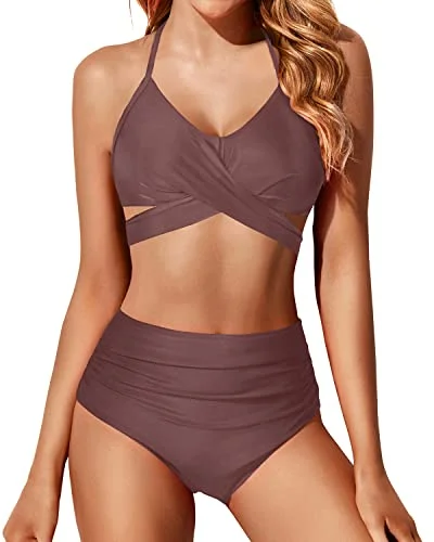 Push Up Halter Bikini Swimsuits Two Piece High Waisted Bathing Suits For Women-Brown