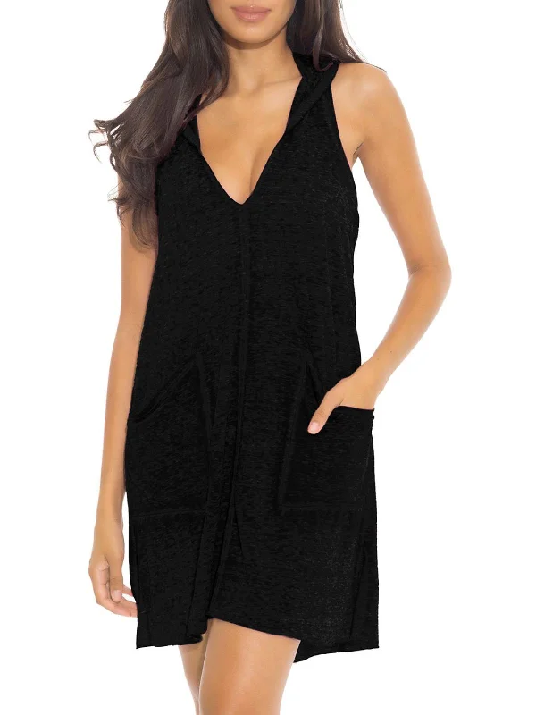 Womens Hooded Front Pockets Dress Swim Cover-Up