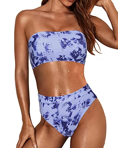 High Waisted High Cut Bikini Women Two Piece Bandeau Swimsuit-Blue Tie Dye