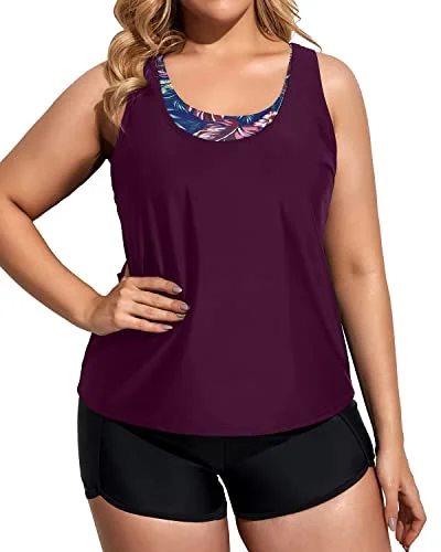 Scoop Neck Tankini Top Plus Size Sport Bra With Boy Shorts-Maroon Leaf