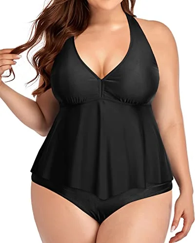 Ruffle Plus Size Halter High Waisted Tankini Set For Women-Black