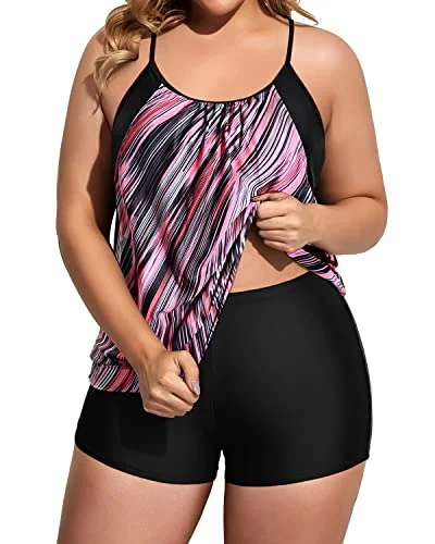 Two Piece Push Up Tankini Top With Boy Shorts For Women Plus Size-Black And Pink Stripes