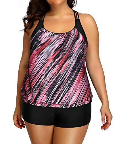 Racerback Tankini Swimsuit Plus Size Two Piece Bathing Suit For Women-Black And Pink Stripes