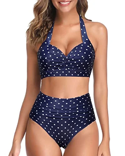 Retro Halter Ruched High Waist Bikini Bottom-Blue Dot