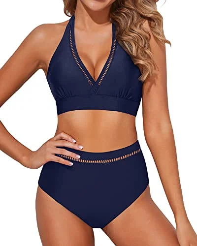 High Waisted Halter Bikini Padded Bra Two Piece Swimsuits-Navy Blue