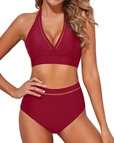 Halter Neck Padded Bra Bikini Two Piece Swimsuits For Women-Red