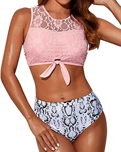 Lace Tie Knot Front High Waisted Women's 2 Piece Swimsuit-Pink Snake