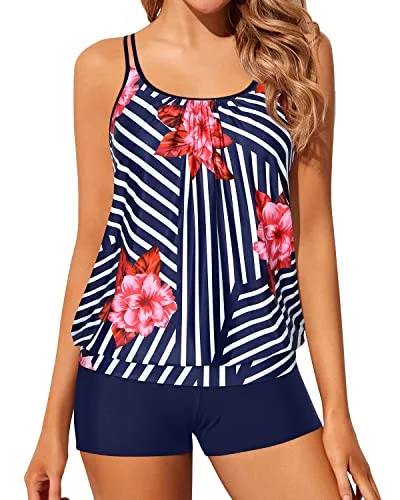 Women Modest Coverage Boyshort Tankini Bottoms Bathing Suits-Blue Floral