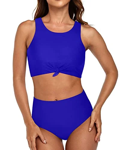 High Neck Tie Knot Bathing Suit Sporty Two Piece Swimsuits-Royal Blue