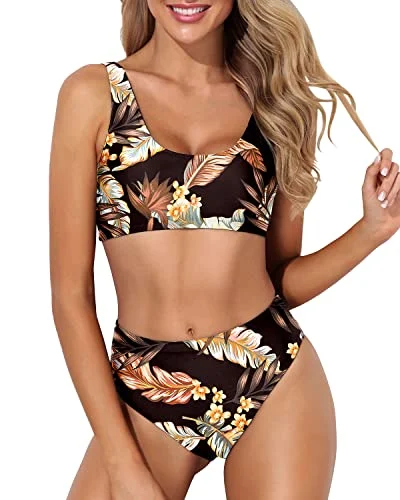 High Cut Swimsuit For Women Sports Two Piece Bikini For Women-Brown Leaves