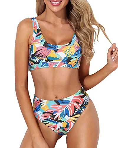 Scoop Neck Bikini High Waisted Bathing Suit Bottoms-Colorful Leaves