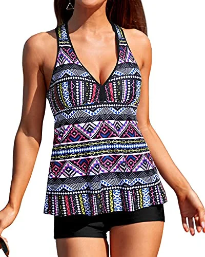 Loose Fit Tankini Top Tummy Control Boyshort Swimwear-Black Tribal