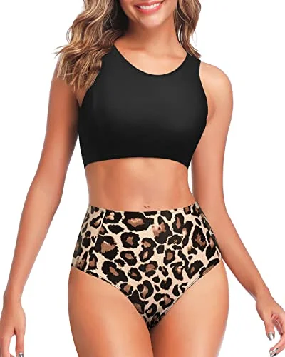 Scoop Neck Bikini Bottom Tummy Control-Black And Leopard