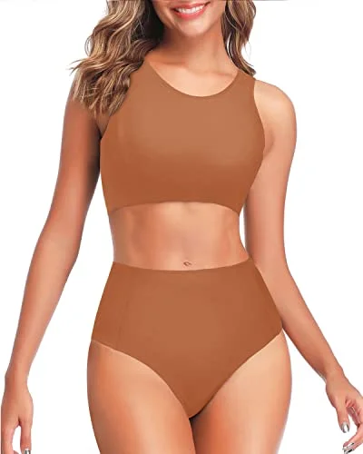 Women's Bathing Suit Scoop Neck Bikini Bottom-Brown