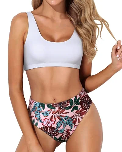 Removable Padded Bikini Crop Top High Cut Bottoms-White Leaf