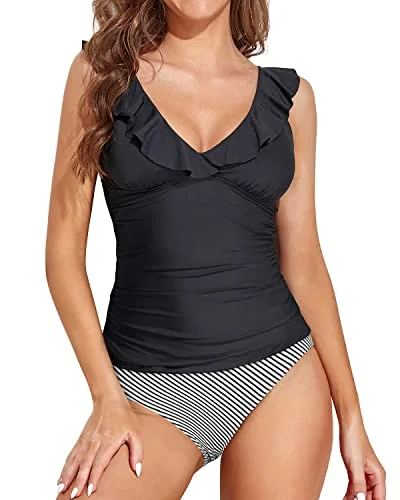 Ruffle V Neck Tankini Top With Tummy Control Bathing Suit Bottom-Black Stripe