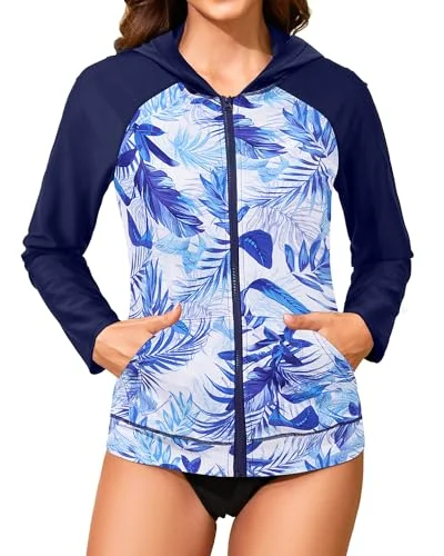 Womens Two Piece Long Sleeve Hooded Rash Guard Zip Up Swimsuit with Pockets UPF 50+ Swim Shirt with Bikini Bottom