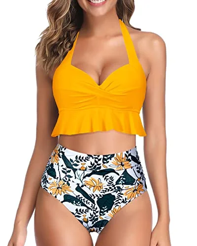 Halter Neck Two Piece Bikini Womens Tummy Control Swimsuits-Yellow Floral