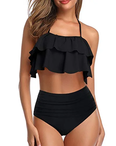 Sexy Backless Teen Girls' 2 Piece Swimsuit High Waisted Bottoms-Black