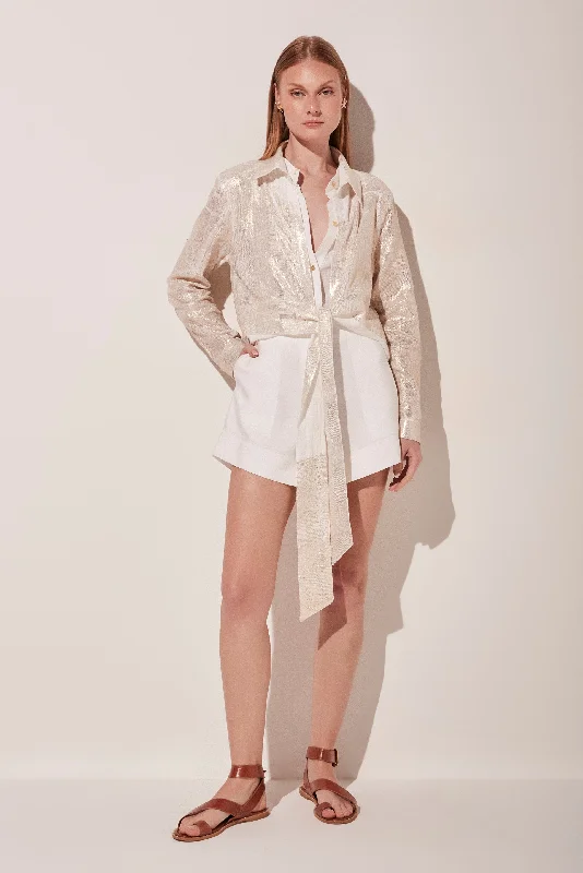 Fresh Metallic Short Shirt Dress With Ties E4765A1836